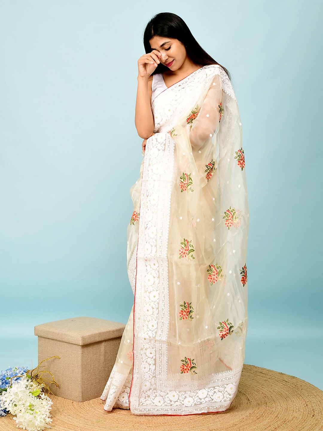 

elora Floral Embroidered Organza Saree, Cream