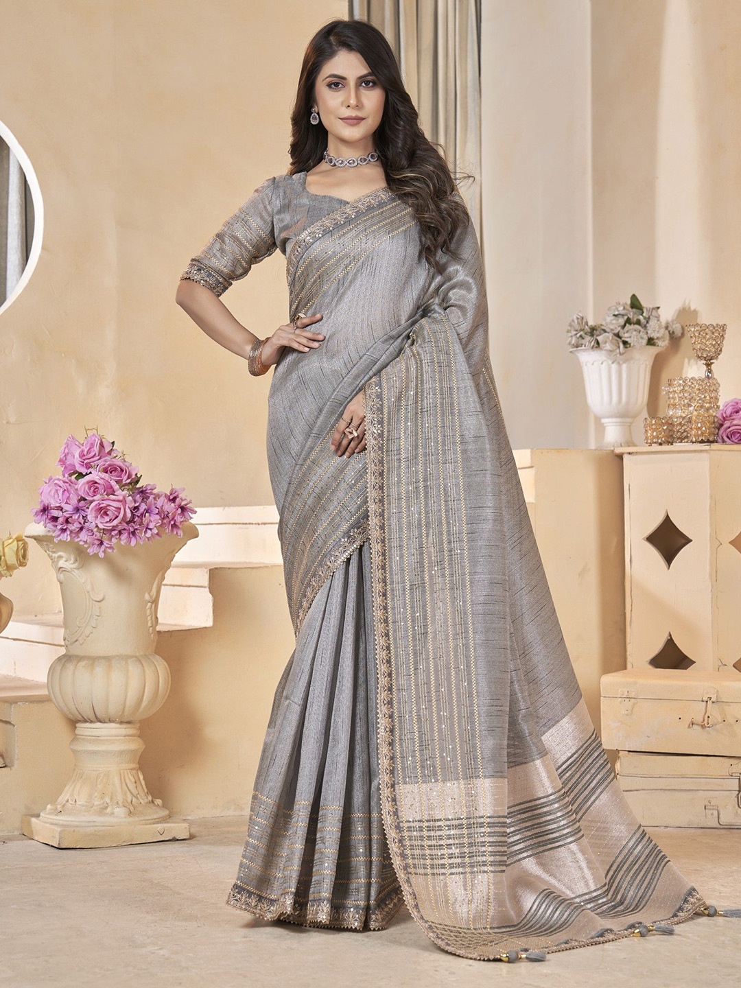 

Mitera Embellished Sequinned Saree With Blouse Piece, Grey