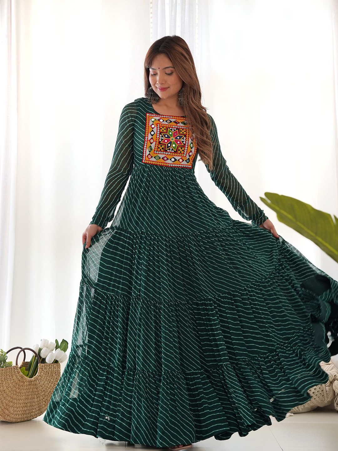 

ZIBLON Leheriya Printed Tiered Georgette Maxi Ethnic Dress, Green