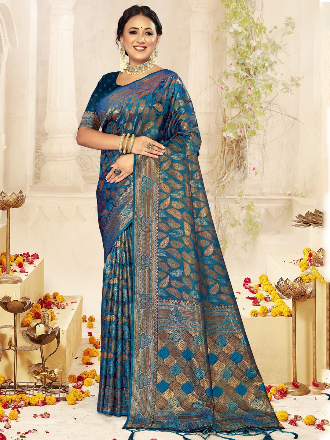 

SANGAM PRINTS Woven Design Zari Satin Tussar Saree, Blue
