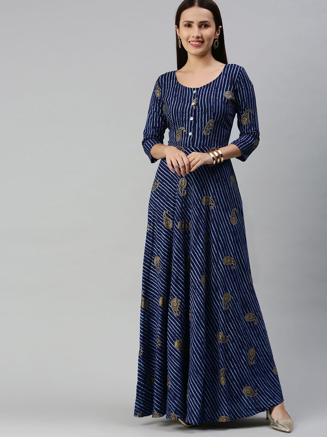 

Swishchick Ethnic Motifs Printed Round Neck Maxi Ethnic Dress, Navy blue