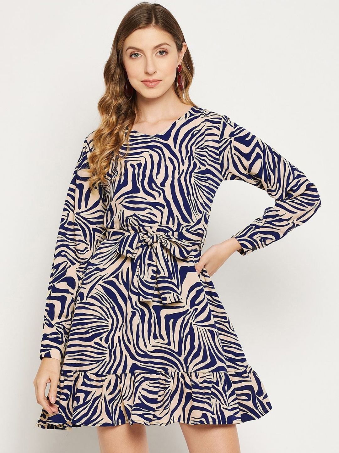 

Murcia Printed Puff Sleeve Tie-Up Fit & Flare Dress, Blue