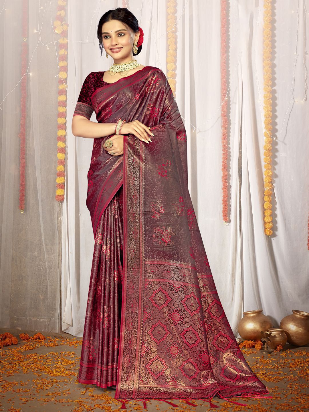 

SANGAM PRINTS Woven Design Zari Satin Tussar Saree, Magenta