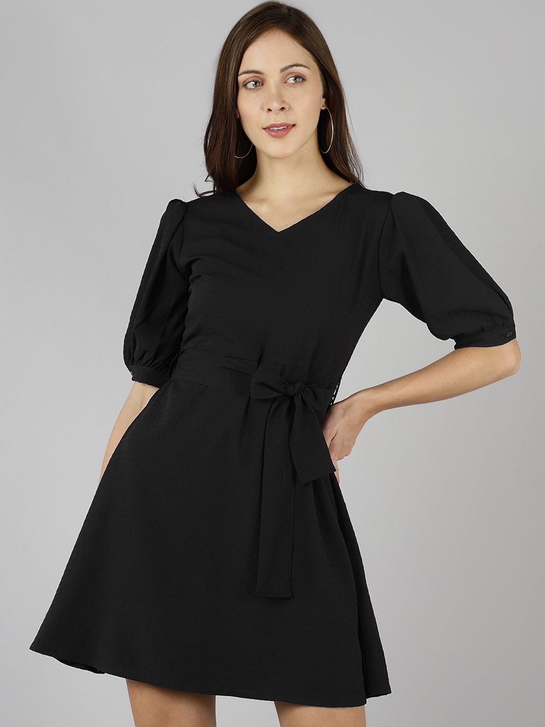 

Murcia Puff Sleeve Crepe Fit & Flare Dress, Black