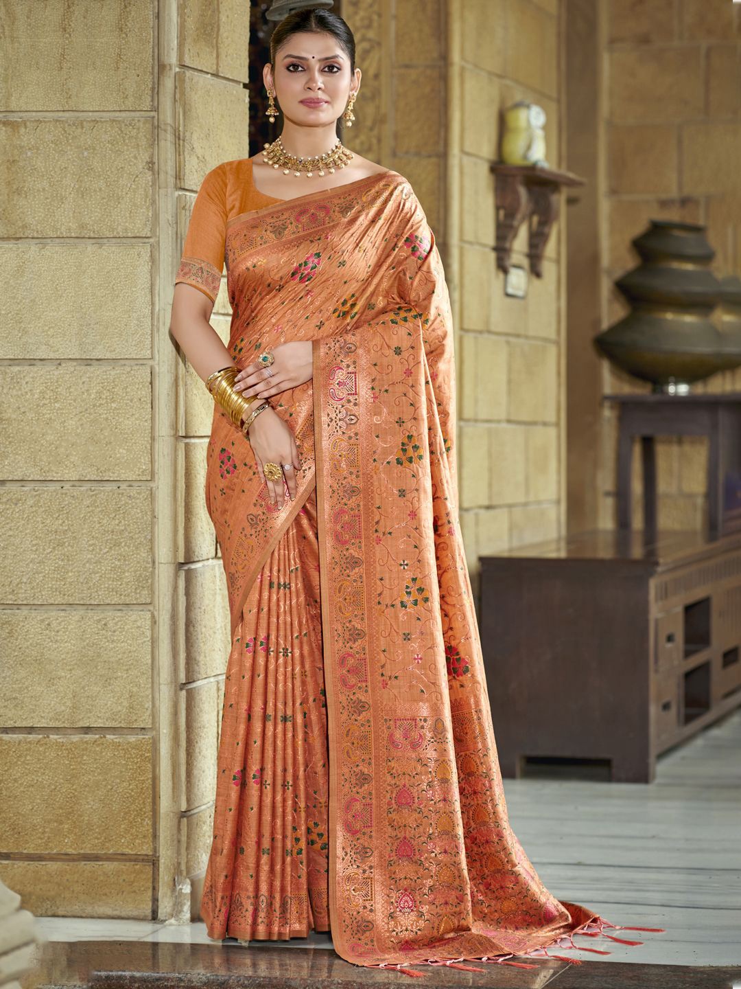 

SANGAM PRINTS Woven Design Zari Pure Silk Tussar Saree, Peach