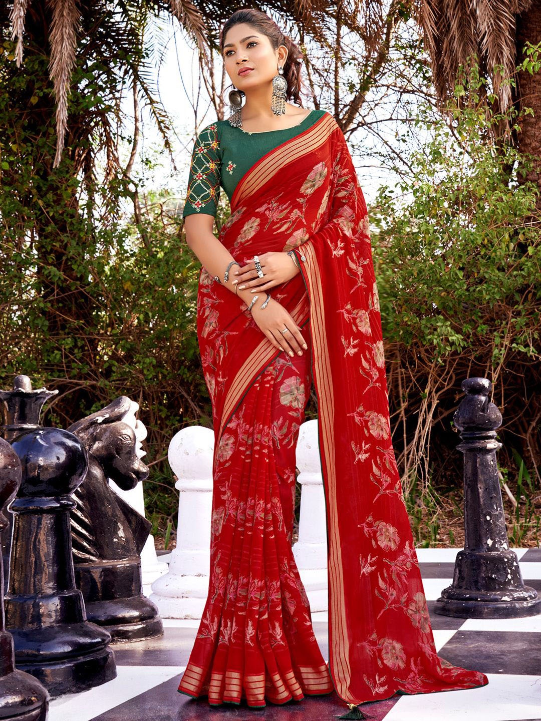 

Saree mall Floral Poly Georgette Bagru Sarees, Red