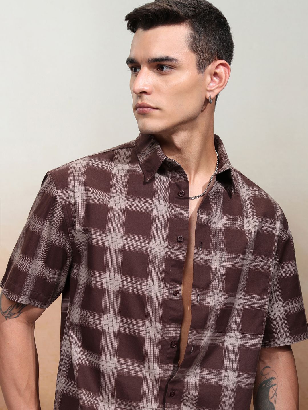 

HIGHLANDER Men Printed Checked Oversized Shirt, Brown