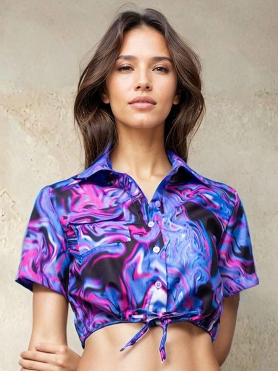 

HERSHEINBOX Women Tie and Dye Dyed Dyed Shirt Collar Top, Multi