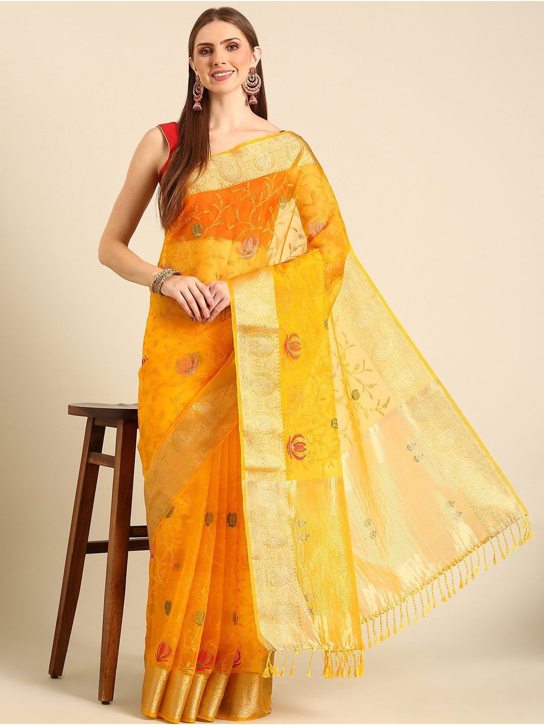 

all about you Embroidered Ethnic Motifs Zari Organza Saree, Yellow