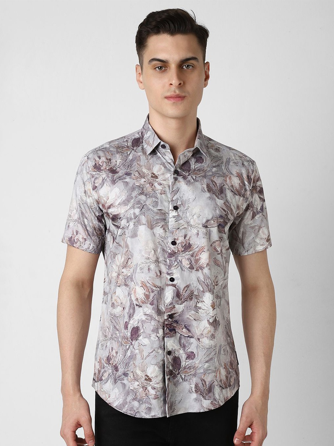 

V Dot Men Slim Fit Floral Opaque Printed Party Shirt, Grey