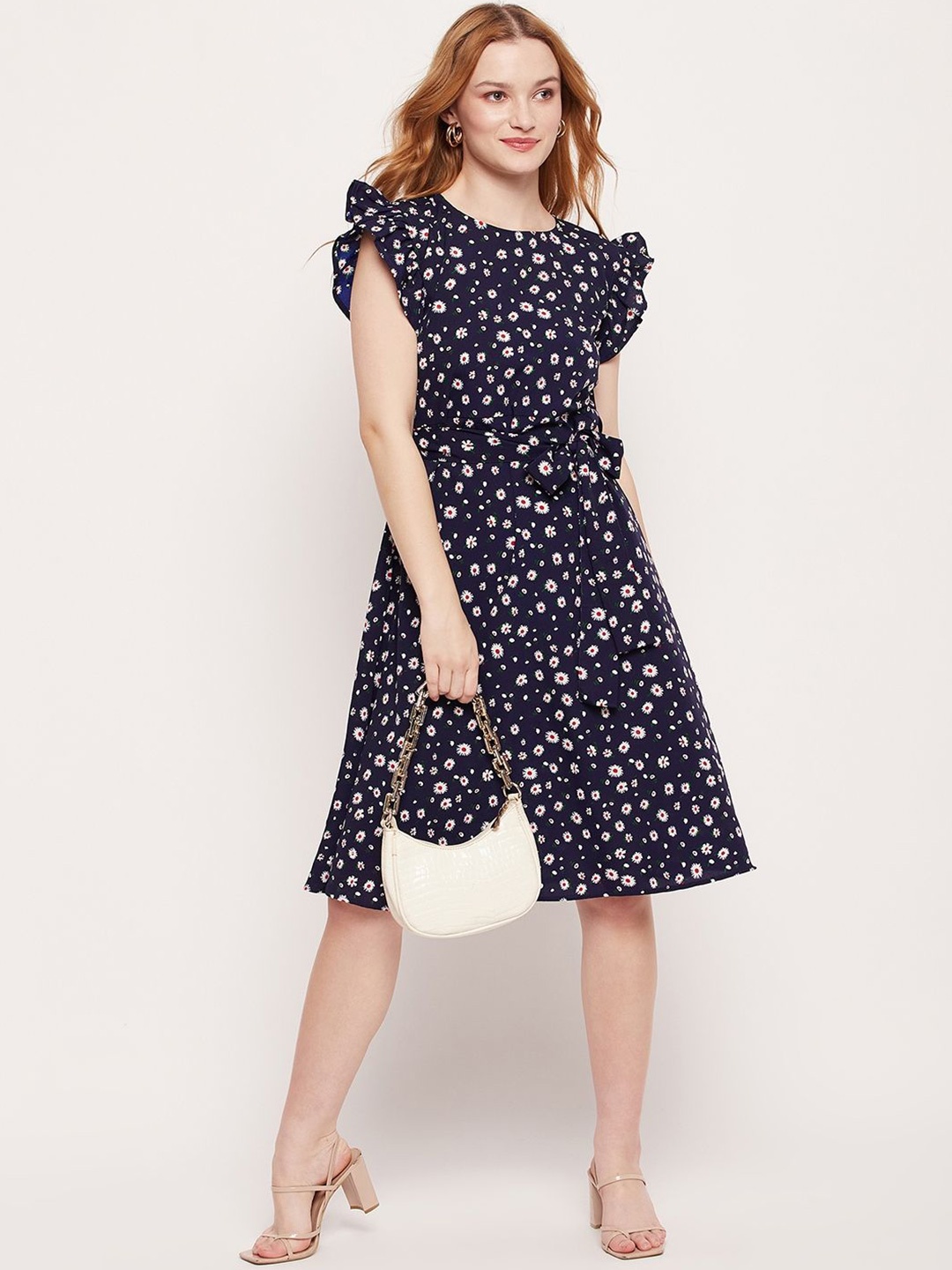 

Murcia Floral Printed Flutter Sleeve Crepe Fit & Flare Dress, Blue