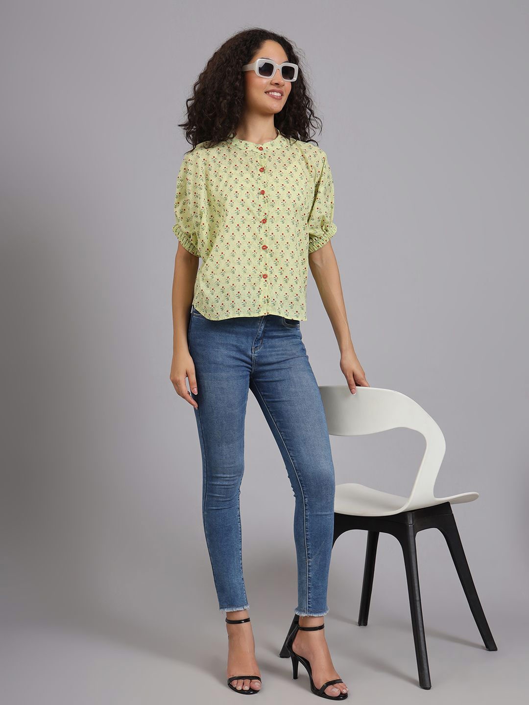

FABRIC FITOOR Polka Dot Print Cotton Styled Back Top, Green