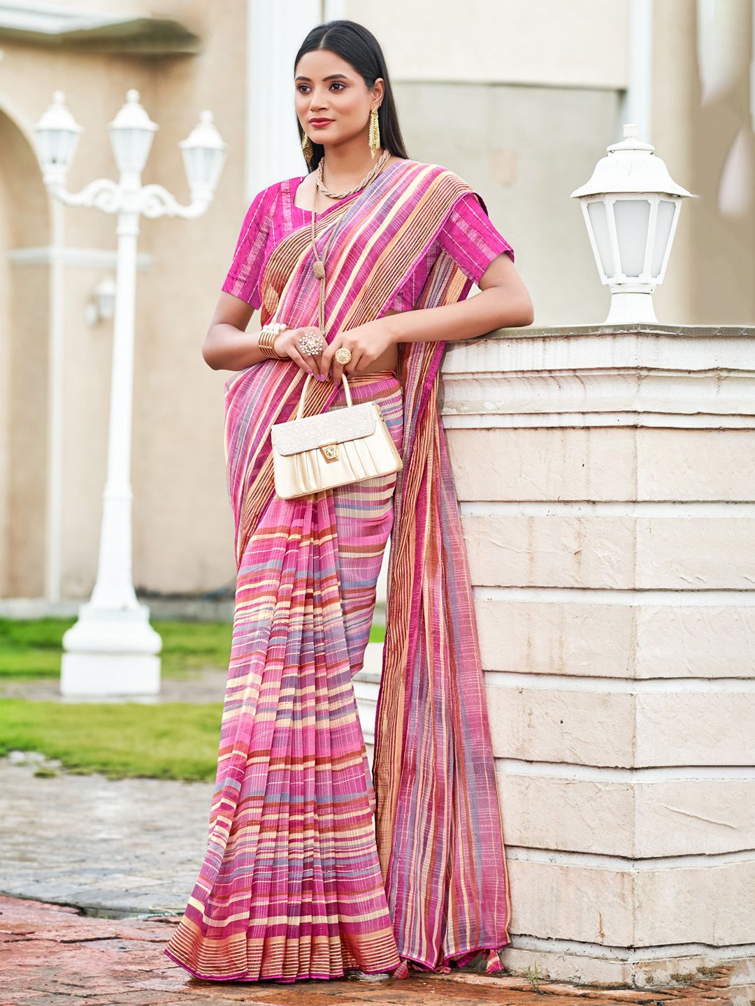 

Saree mall Striped Poly Chiffon Sarees, Pink