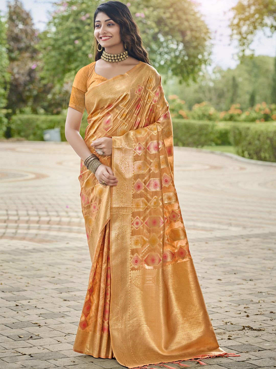 

SANGAM PRINTS Woven Design Zari Organza Tussar Saree, Orange