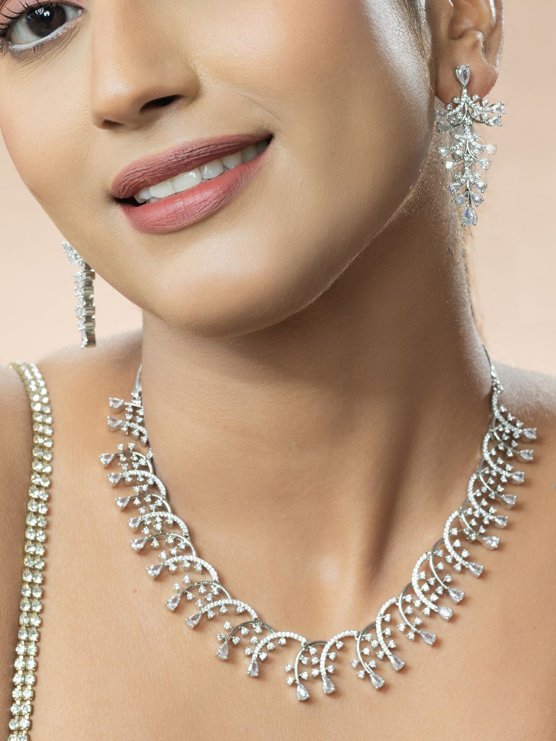 

Niscka Rhodium-Plated AD-Studded Jewellery Set, Silver