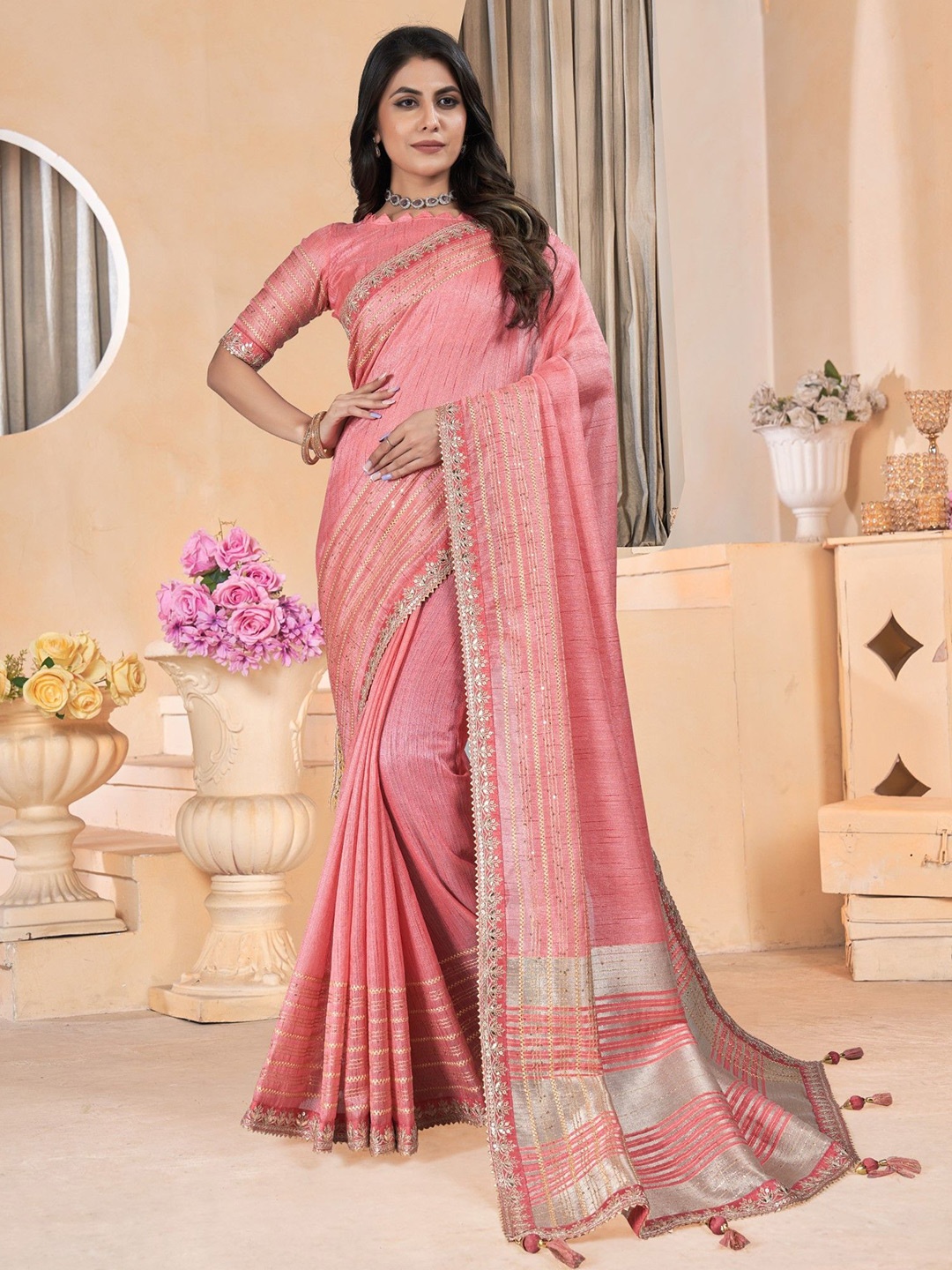 

Mitera Embellished Sequinned Saree With Blouse Piece, Pink