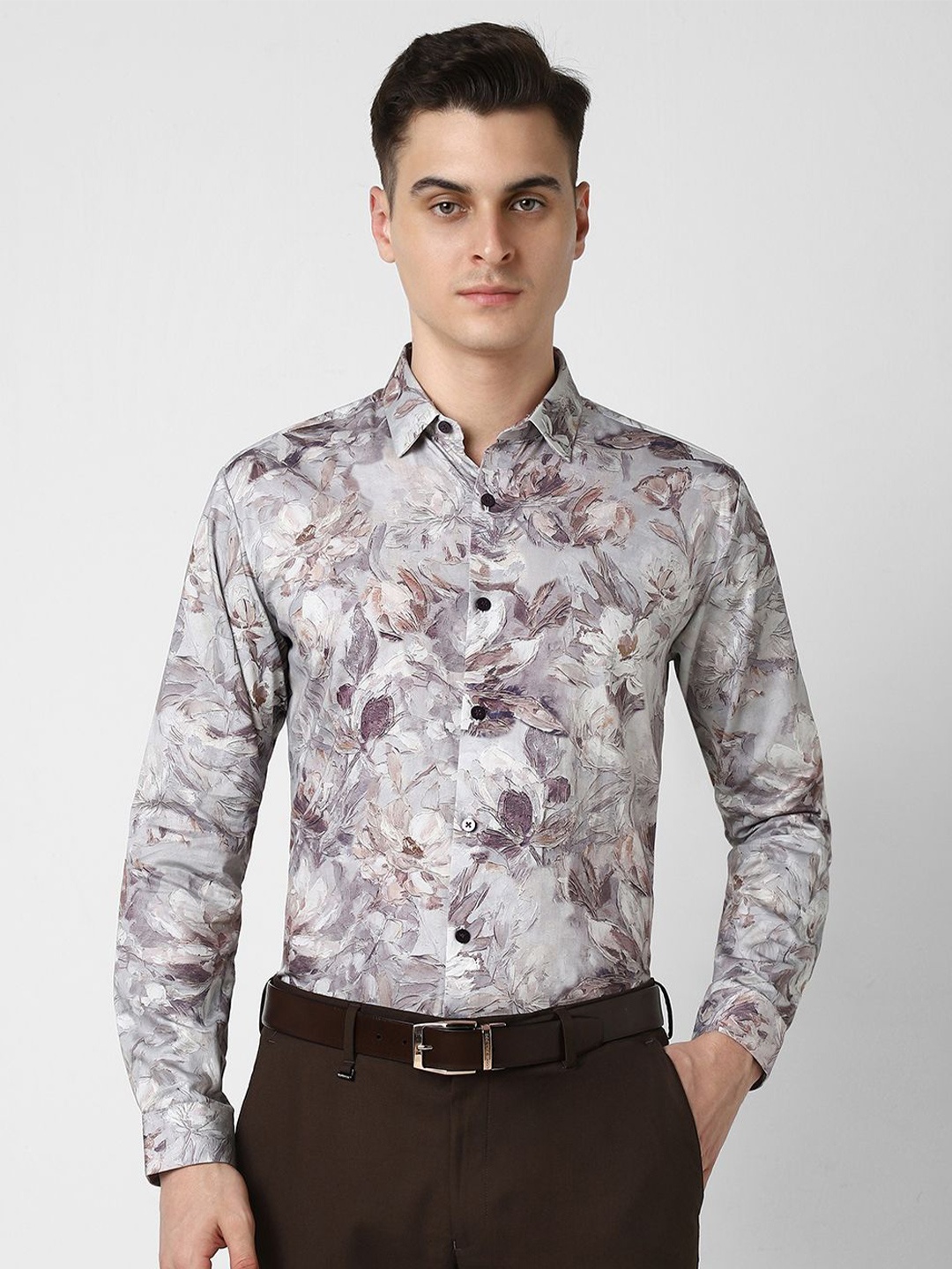 

V Dot Men Slim Fit Floral Opaque Printed Party Shirt, Grey