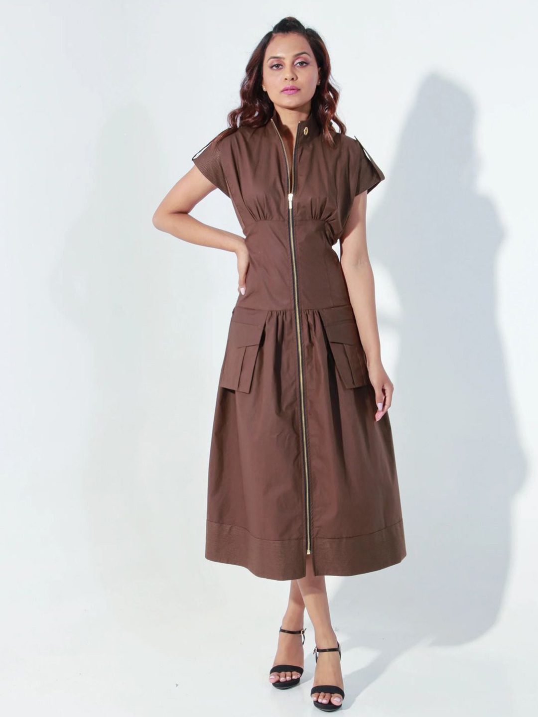 

ECHKE Woven Midi zipper A-line dress, Brown