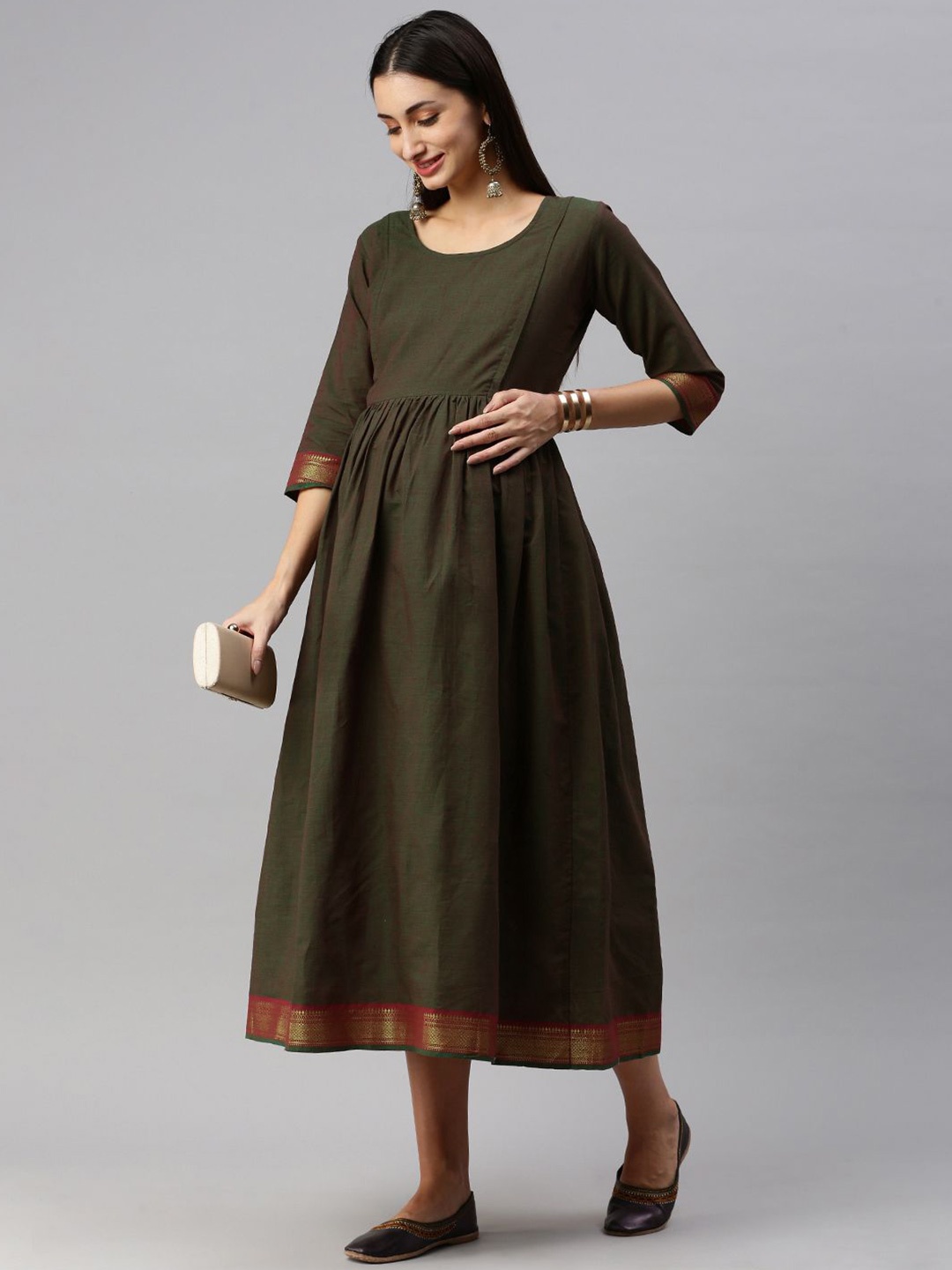 

Swishchick Women Maternity Fit and Flare Ethnic Dresses, Green