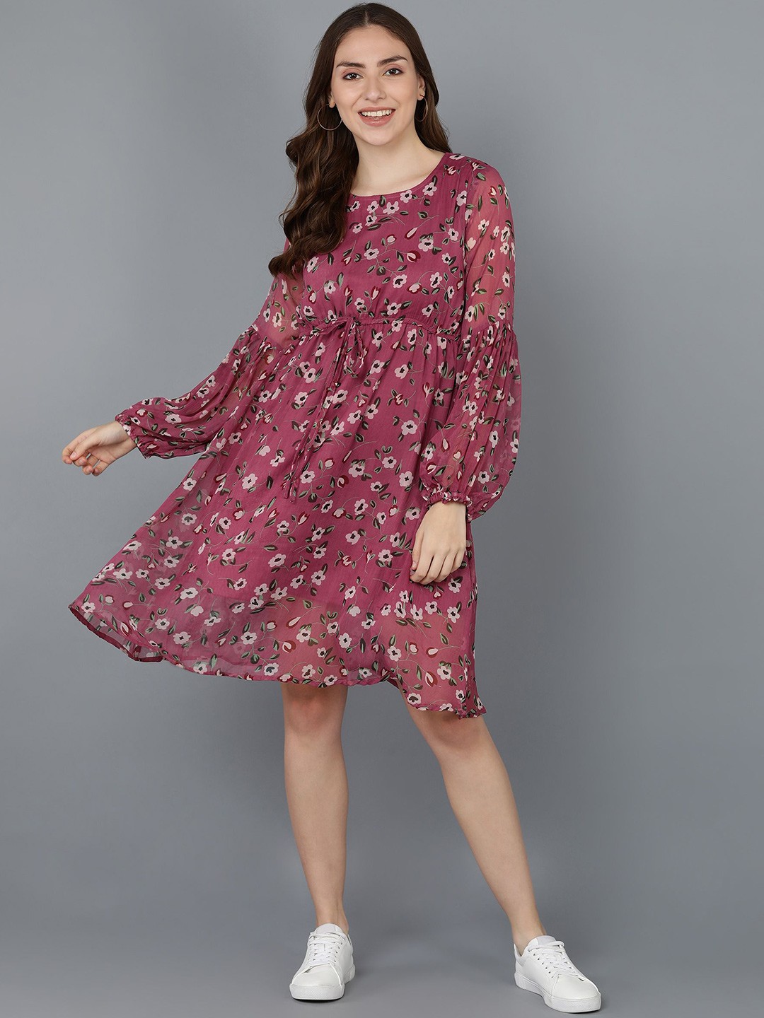 

Murcia Women Floral Printed Puff Sleeve Fit & Flare Dress, Pink