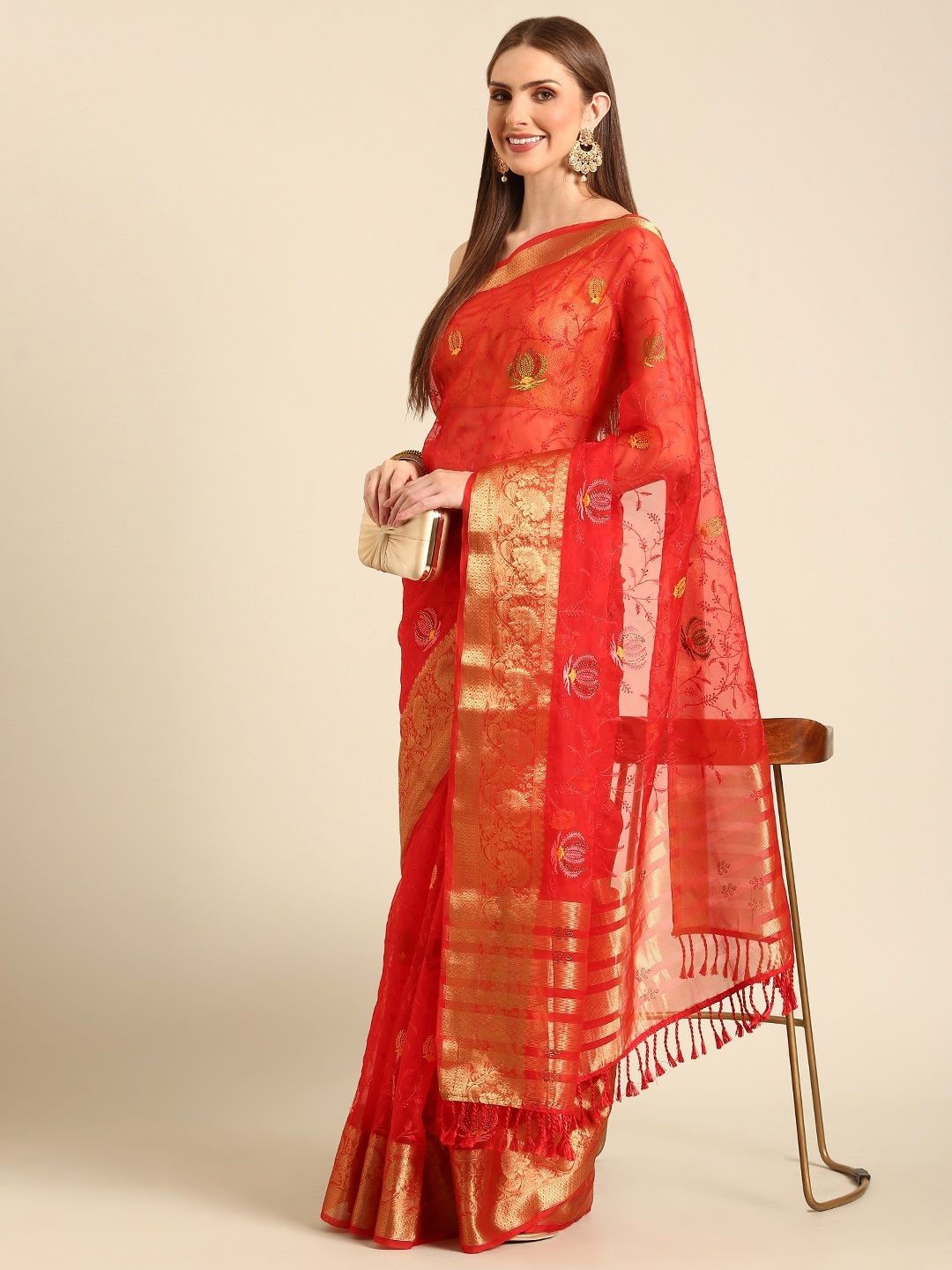 

all about you Embroidered Ethnic Motifs Zari Organza Saree, Red