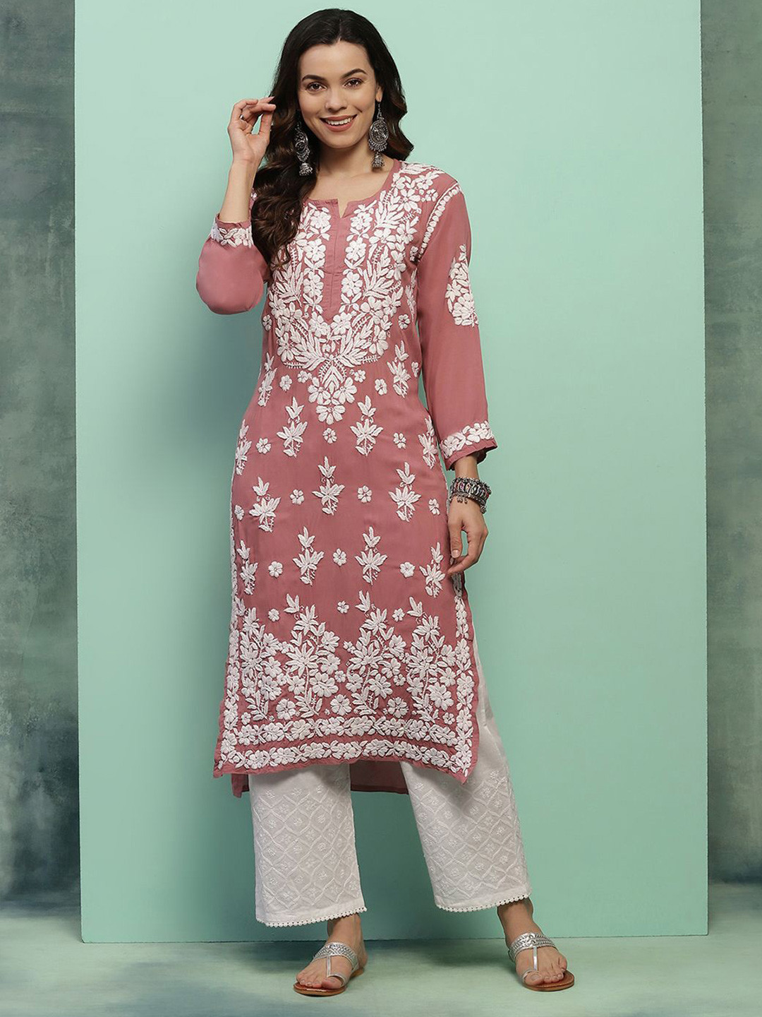 

House of Chikankari Women Ethnic Motifs Embellished Flared Sleeves Sequinned Kurta, Pink