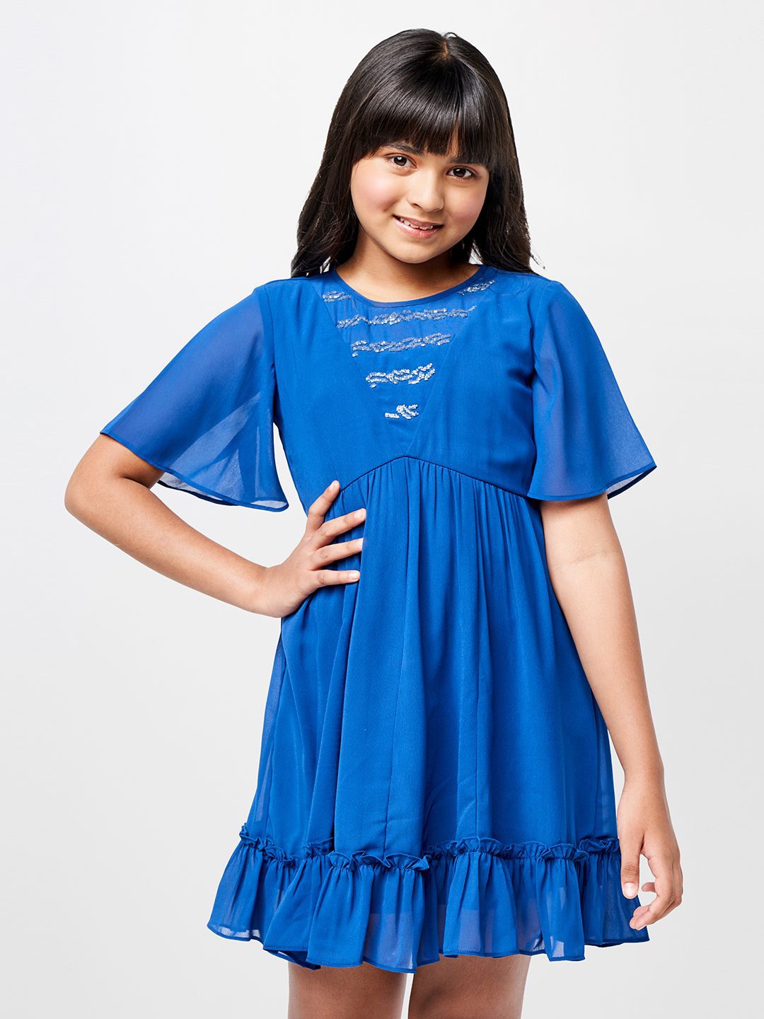 

AND Flared Sleeve Fit & Flare Mini Dress, Blue
