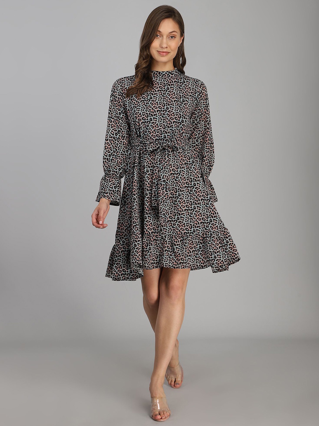 

Murcia Women Animal Printed Puff Sleeves Fit & Flare Dress, Black