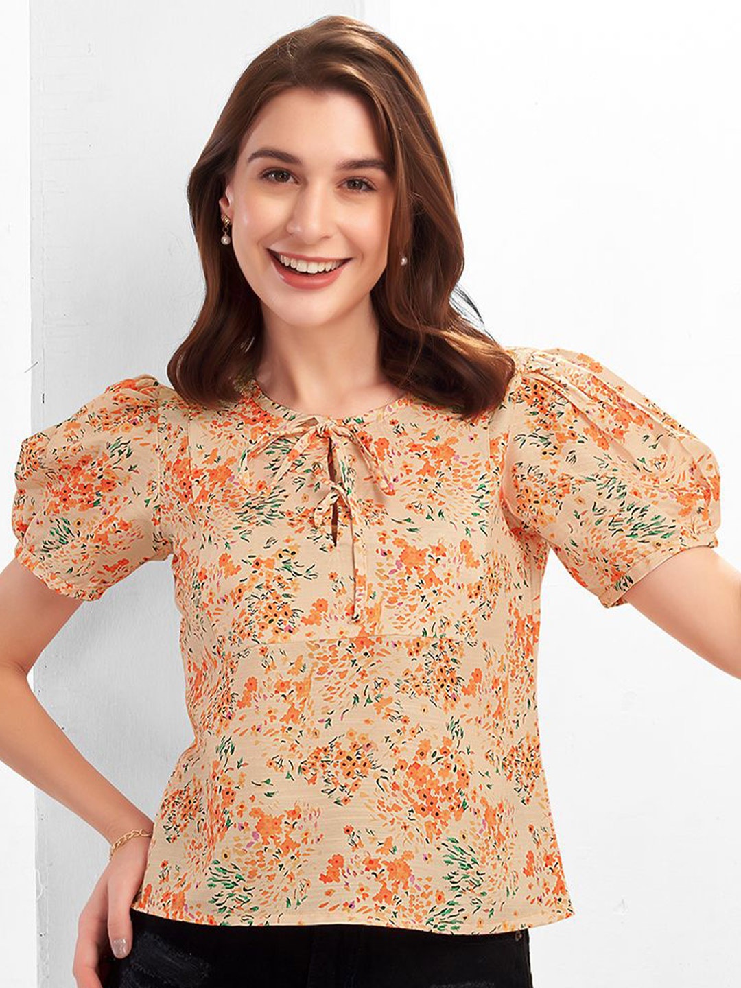 

Selvia Floral Print Tie-Up Neck Puff Sleeve Cotton Top, Multi
