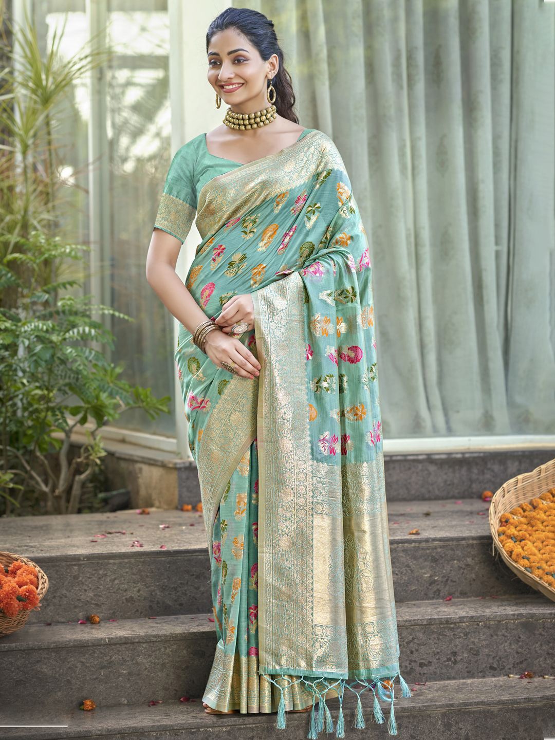 

SANGAM PRINTS Woven Design Zari Organza Tussar Saree, Teal