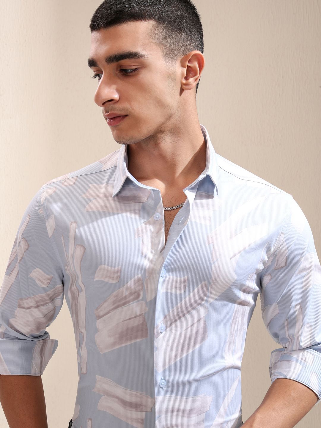 

HIGHLANDER Men Dobby Textured Printed Day Occasion Slim Fit Shirt, Blue