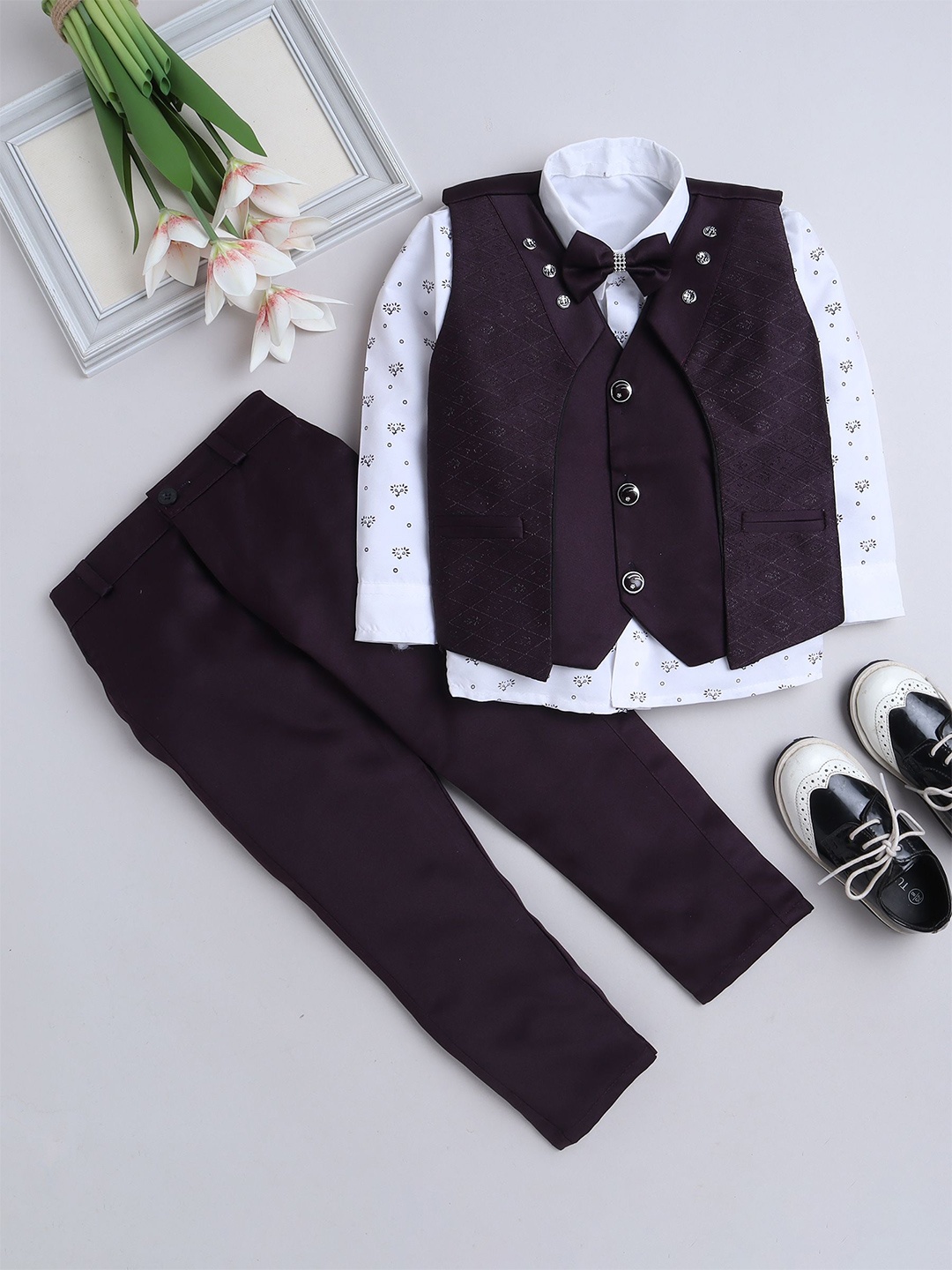 

FOURFOLDS Boys Printed Three Piece Suits, Purple