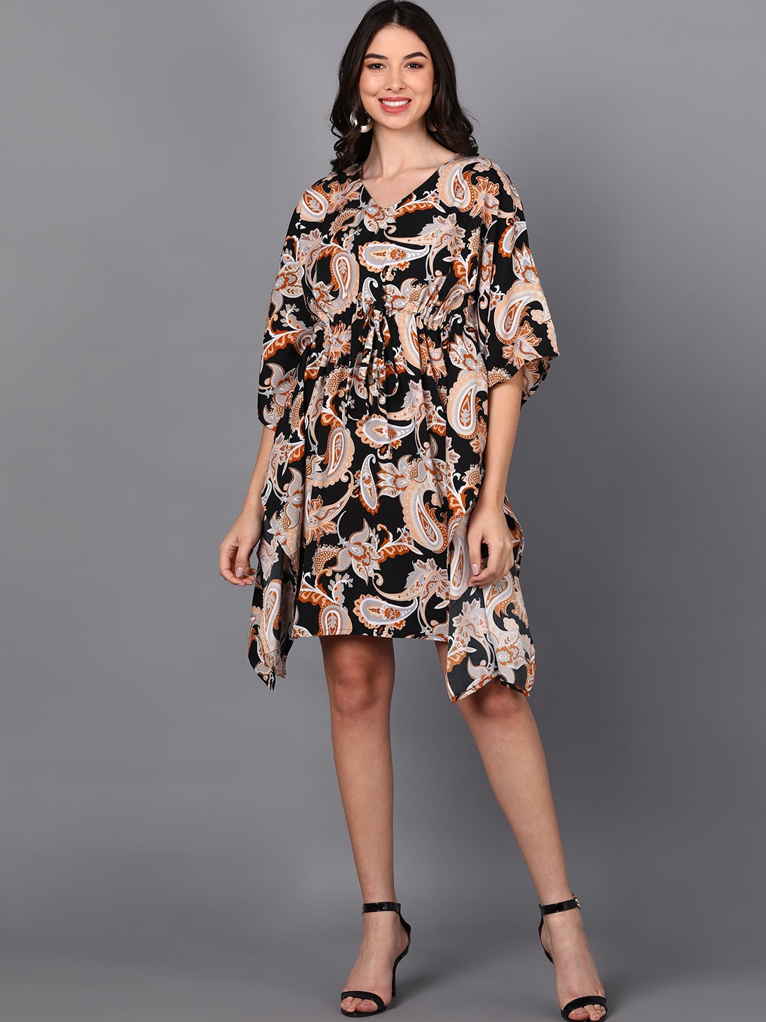 

Murcia Floral Printed Kimono Sleeves Crepe Kaftan Dress, Black