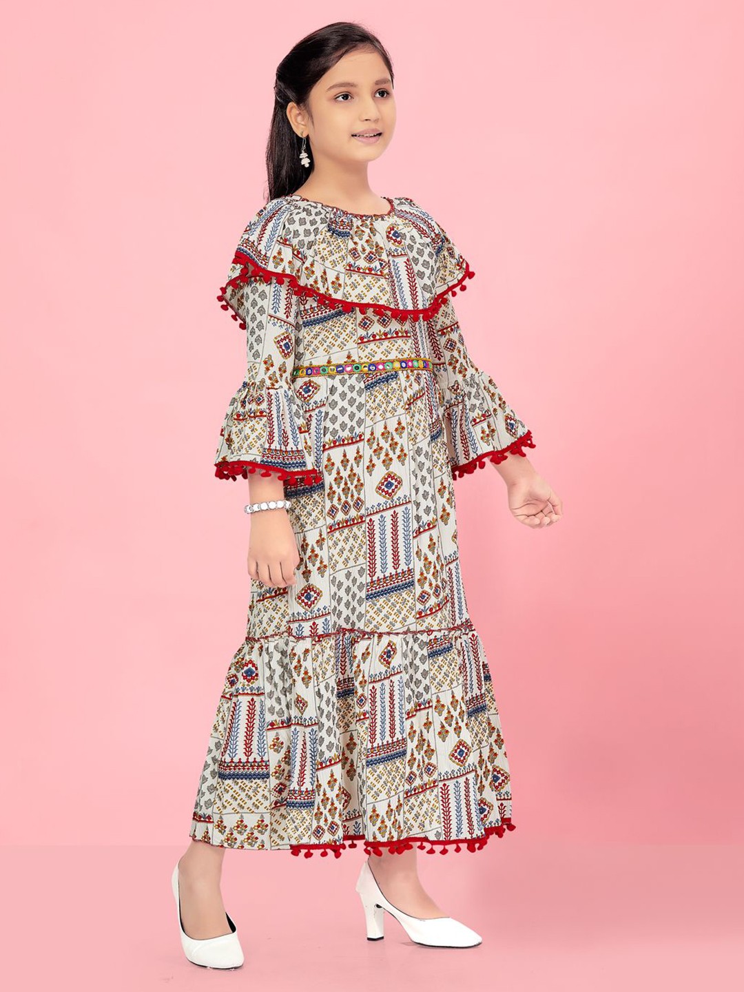 

BAESD Print Bell Sleeve PU Coated Net Maxi Dress, Multi