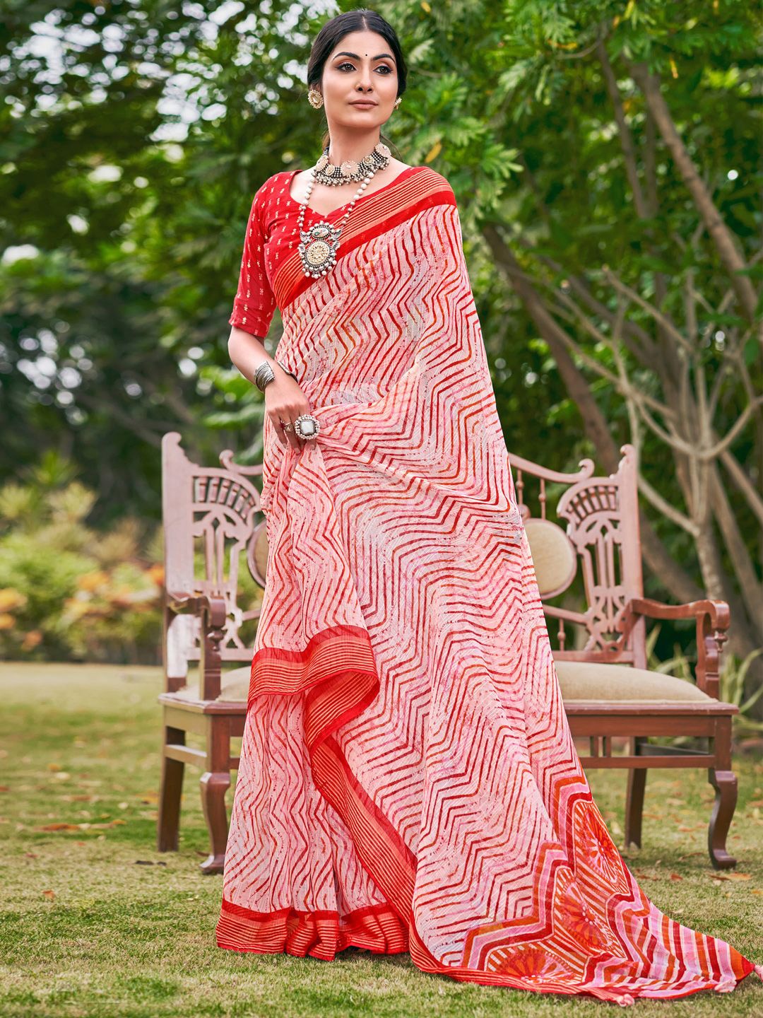 

Saree mall Poly Chiffon Block Print Sarees, Red