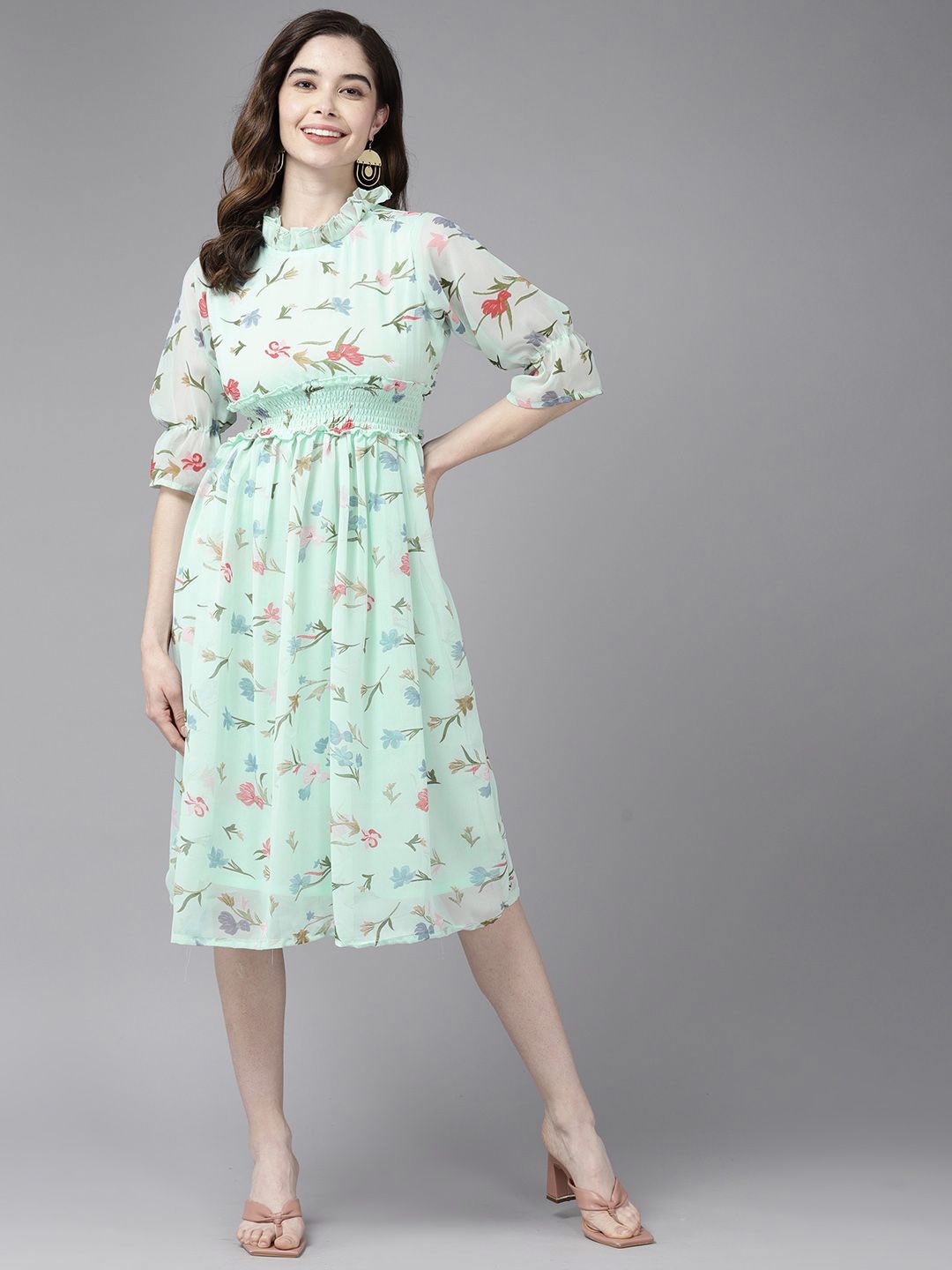 

BAESD Floral Print Bell Sleeve Georgette Sheath Maxi Dress, Turquoise blue