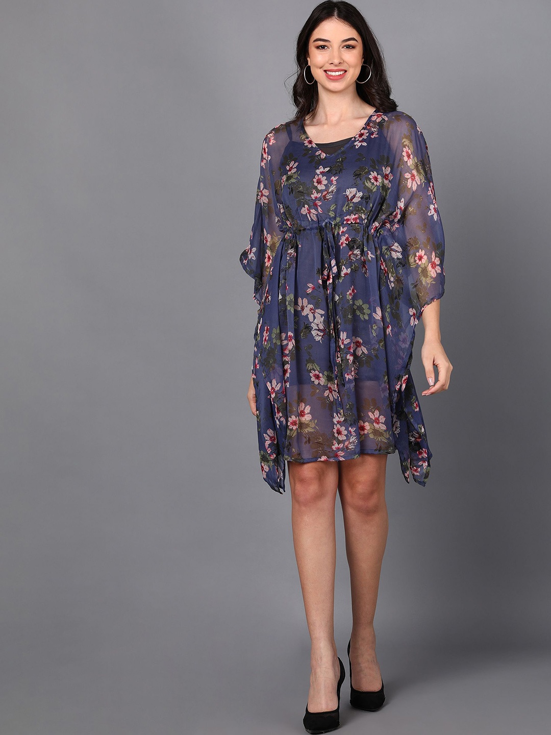 

Murcia Floral Print Puff Sleeve Crepe Fit & Flare Dress, Blue