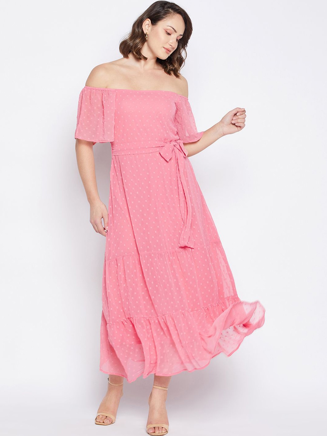 

Murcia Self Design Polka Dot Off-Shoulder Maxi Dress, Pink