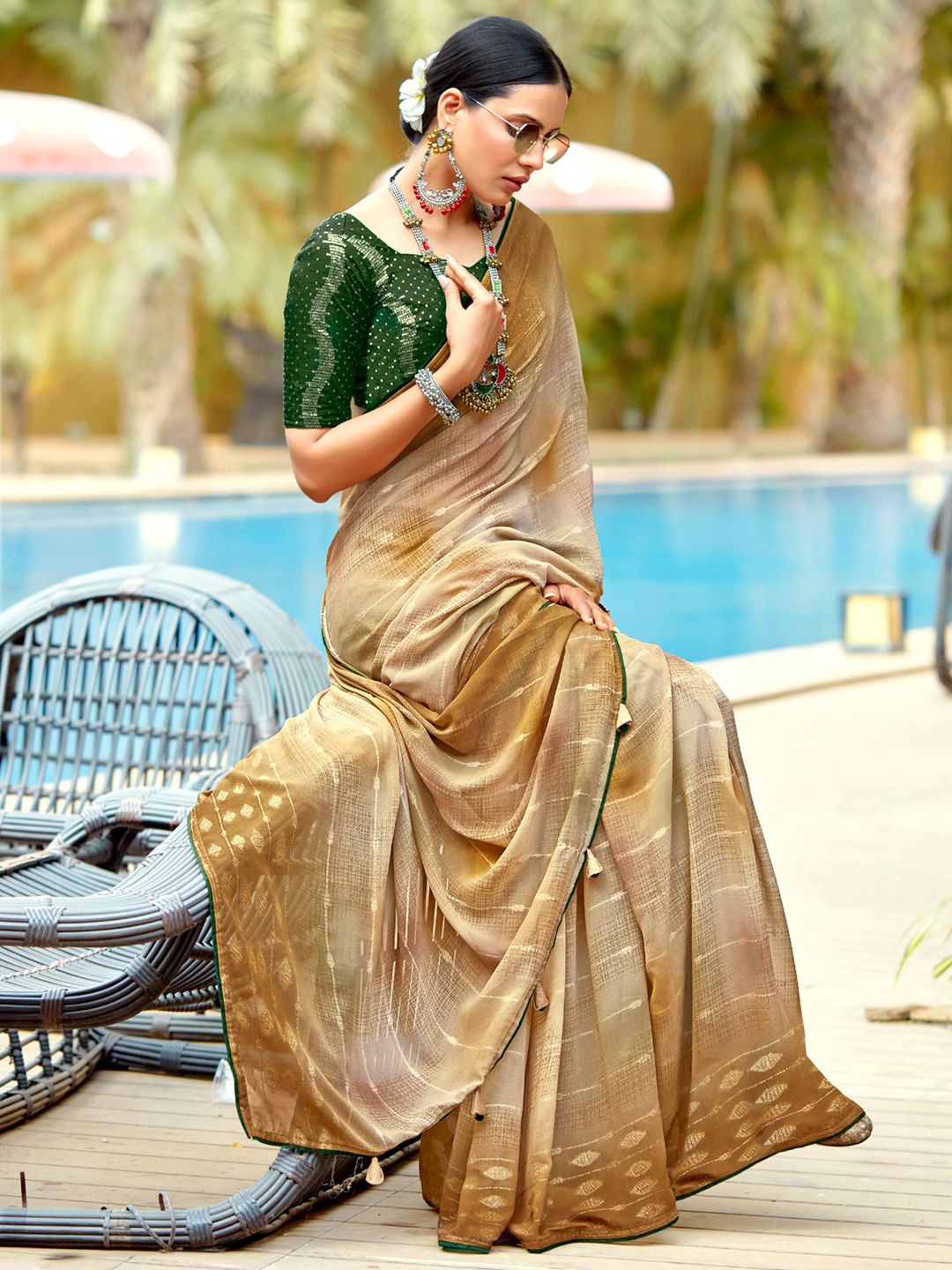 

Saree mall Ethnic Motifs Poly Georgette Sarees, Beige