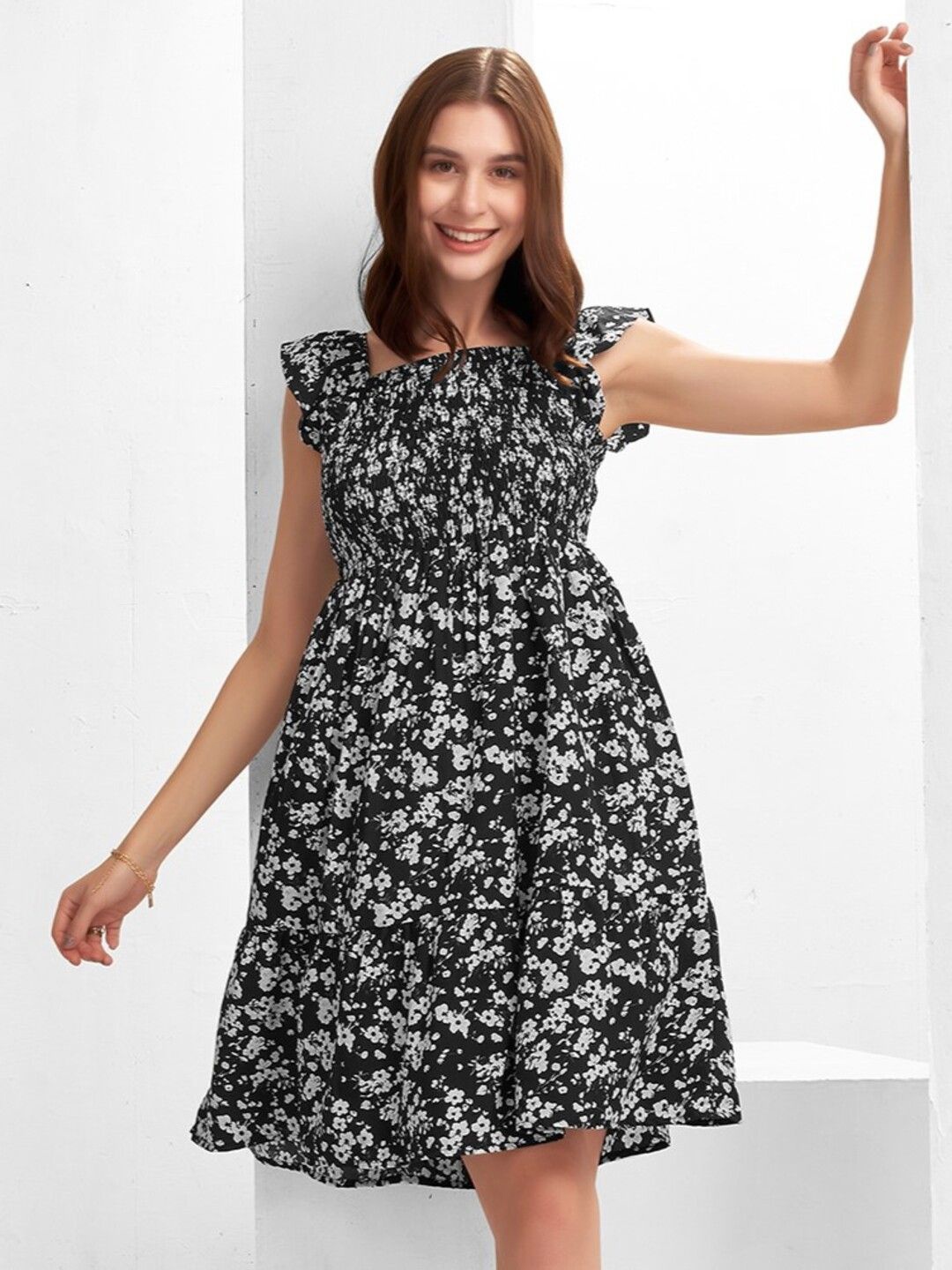 

Selvia Floral Print Crepe Fit & Flare Dress, Black