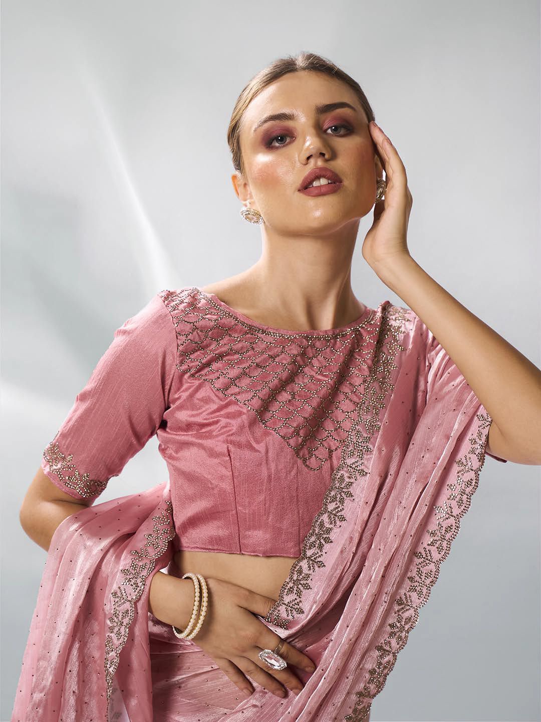 

Kalista Embellished Beads and Stones Organza Saree, Pink