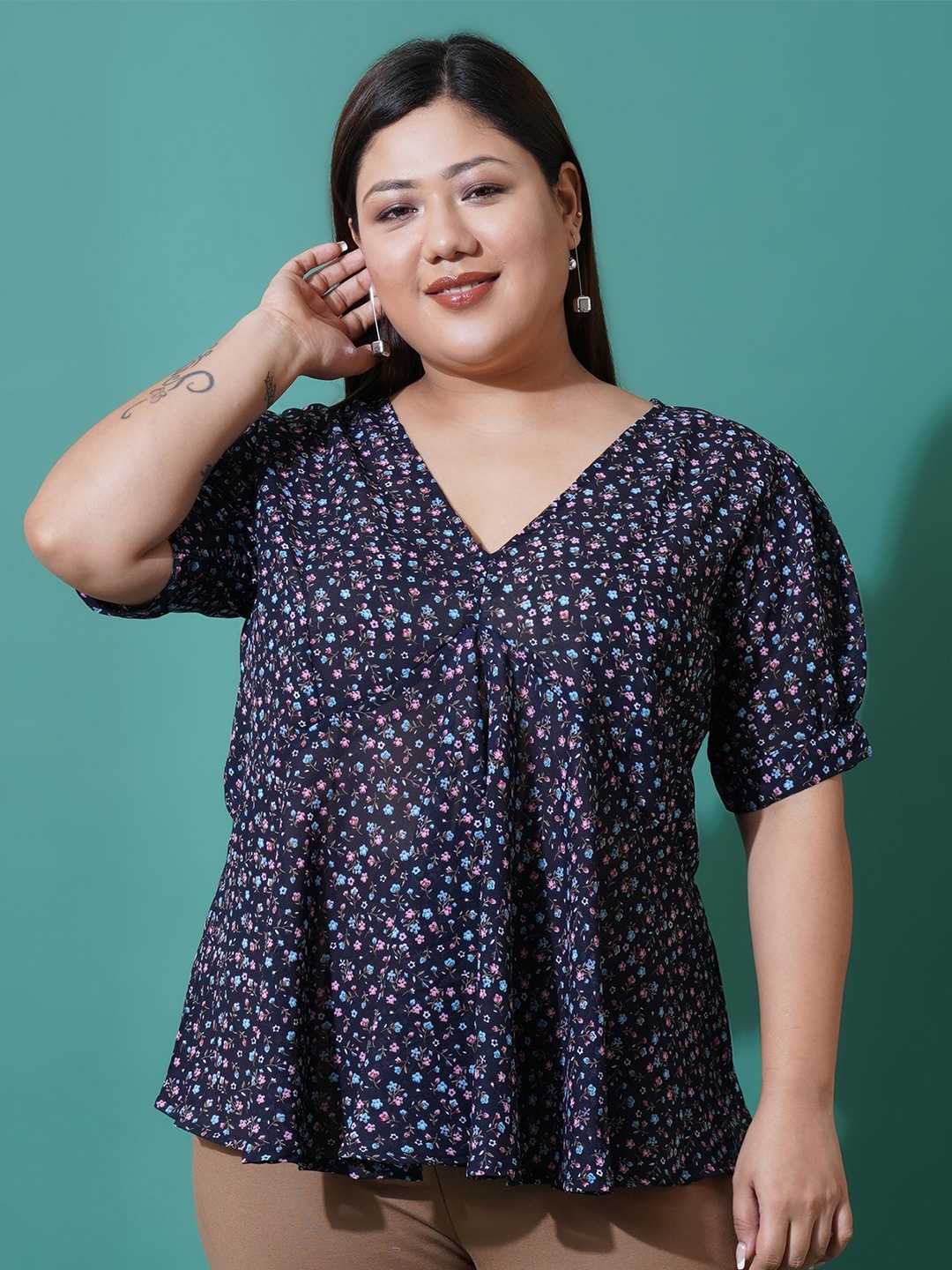 

U&F Beyond Floral Print Ruffles Top, Navy blue