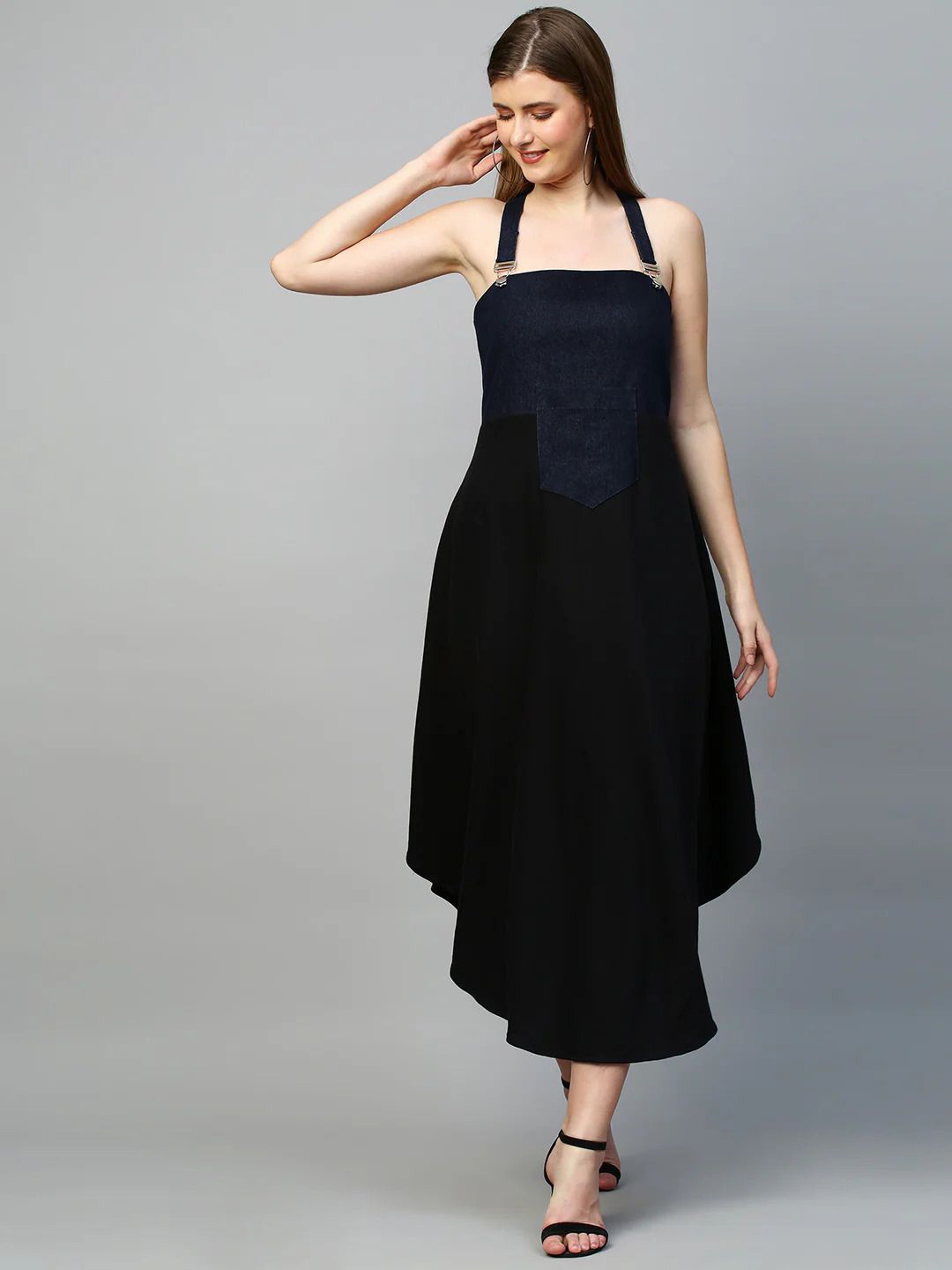 

ECHKE Halter Neck Denim Maternity A-Line Midi Dress, Black