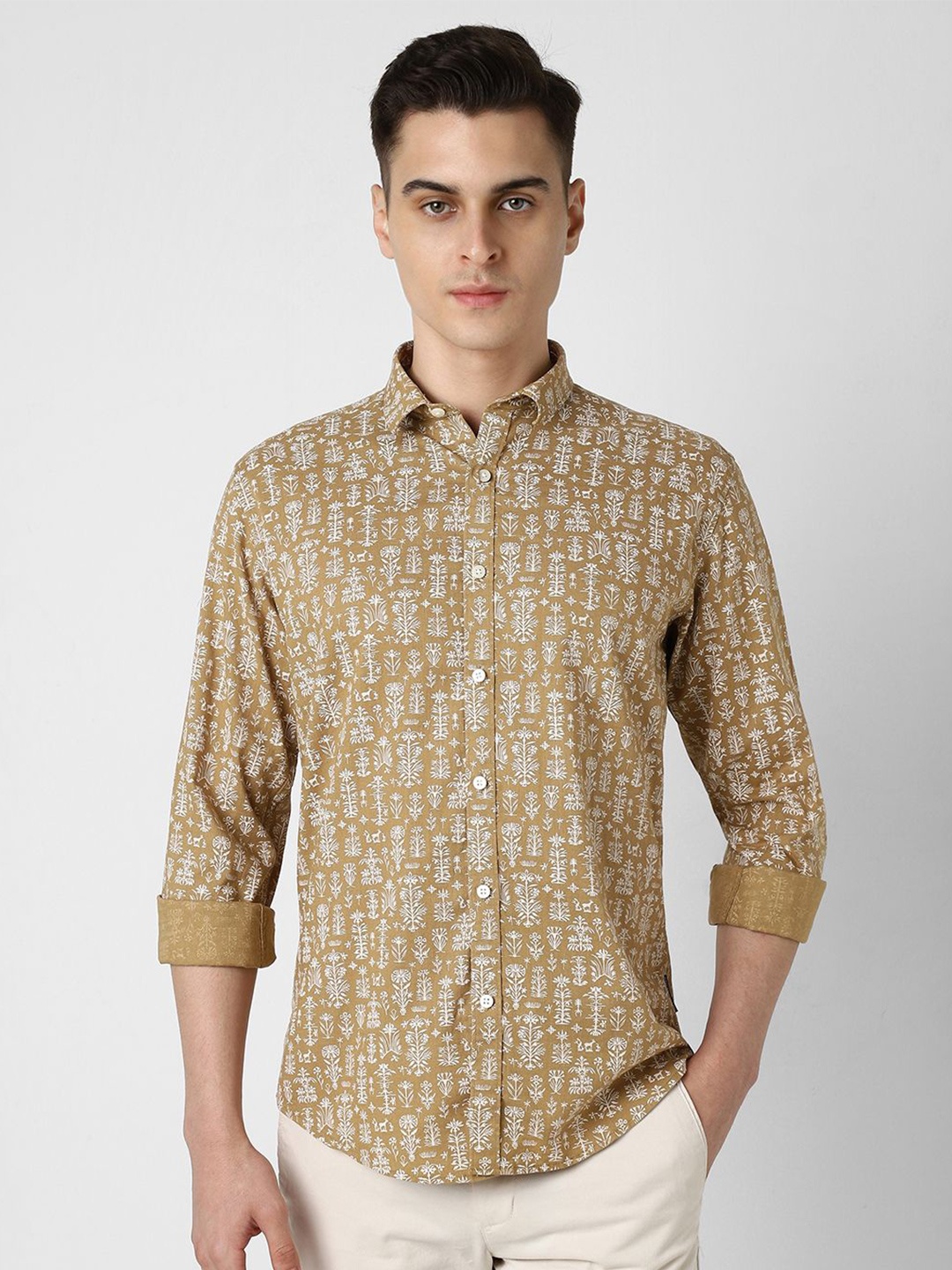 

V Dot Men Slim Fit Floral Opaque Printed Party Shirt, Khaki