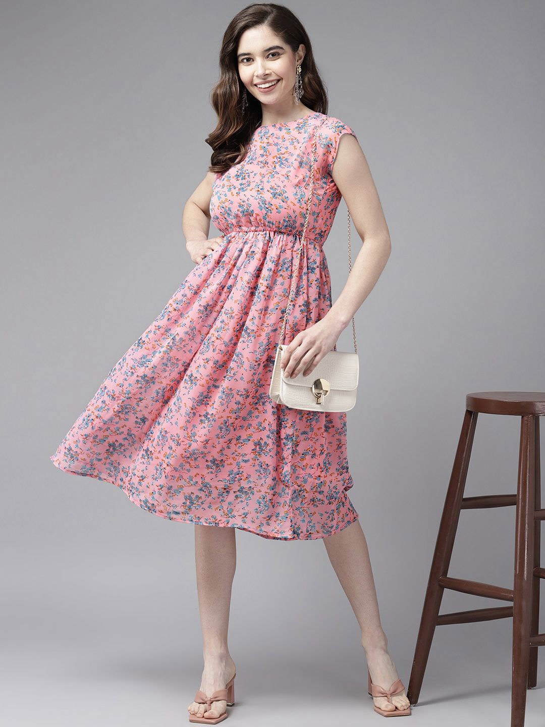 

BAESD Ethnic Motifs Print Georgette Fit & Flare Midi Dress, Peach