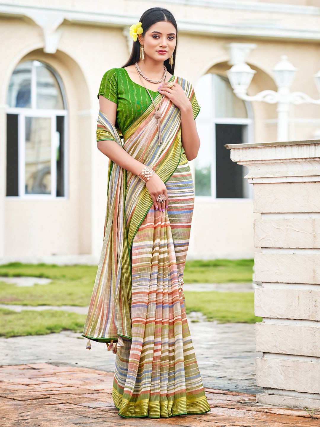 

Saree mall Striped Poly Chiffon Leheriya Sarees, Beige