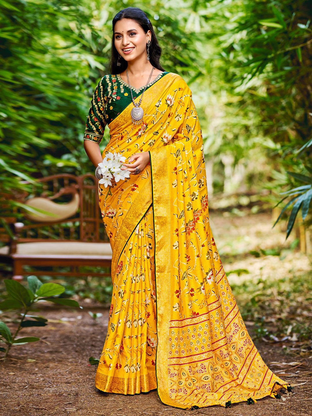 

Saree mall Floral Zari Silk Blend Sarees, Yellow