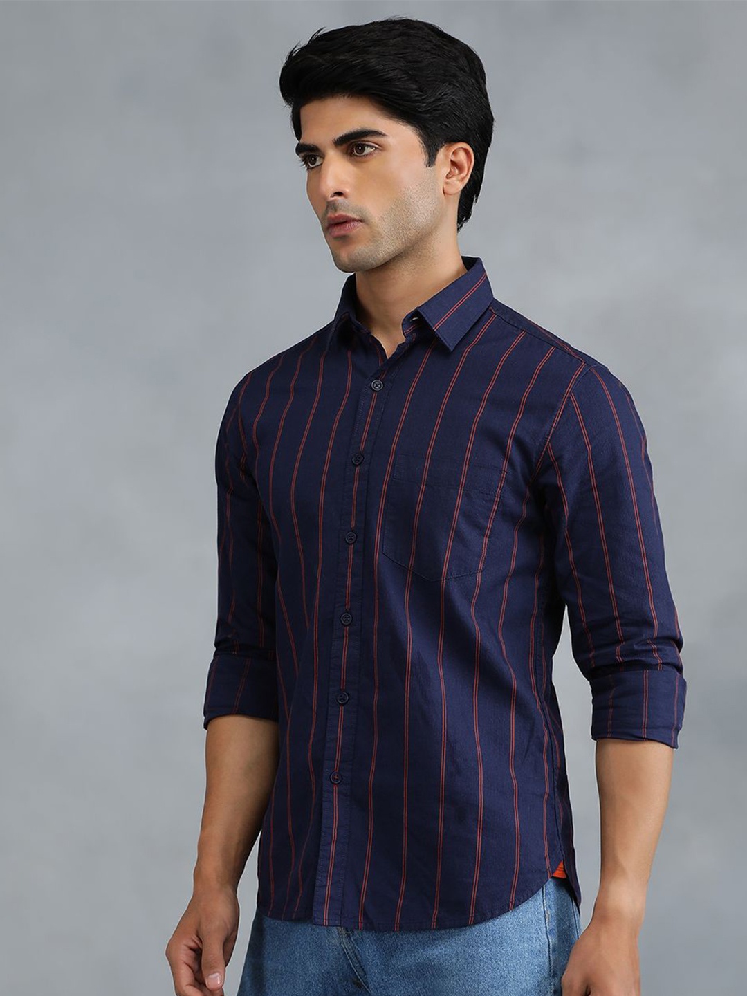 

Greenfibre Men Slim Fit Opaque Striped Casual Shirt, Navy blue