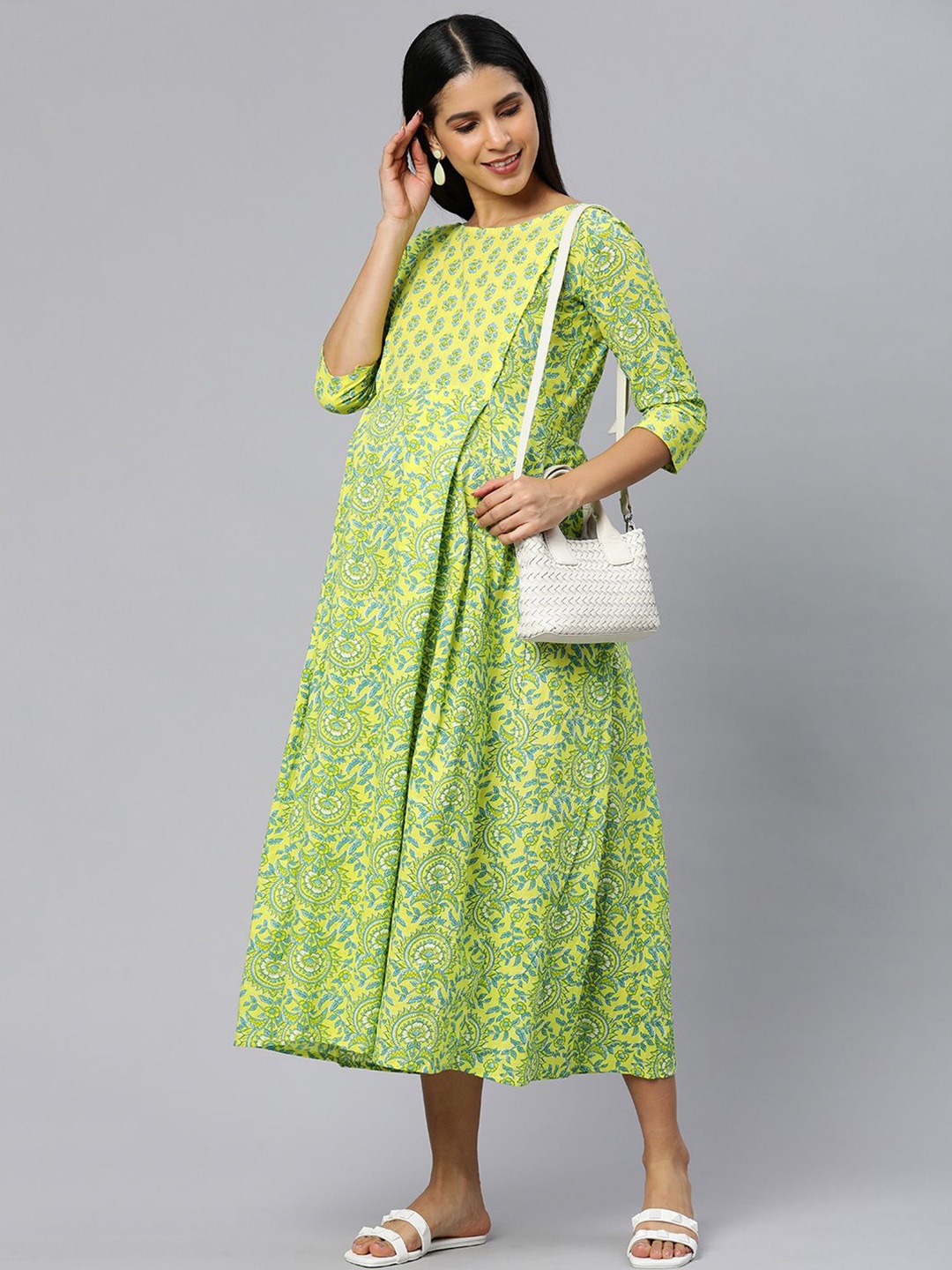 

Swishchick Women Floral Printed A-Line Midi Ethnic Dresses, Yellow