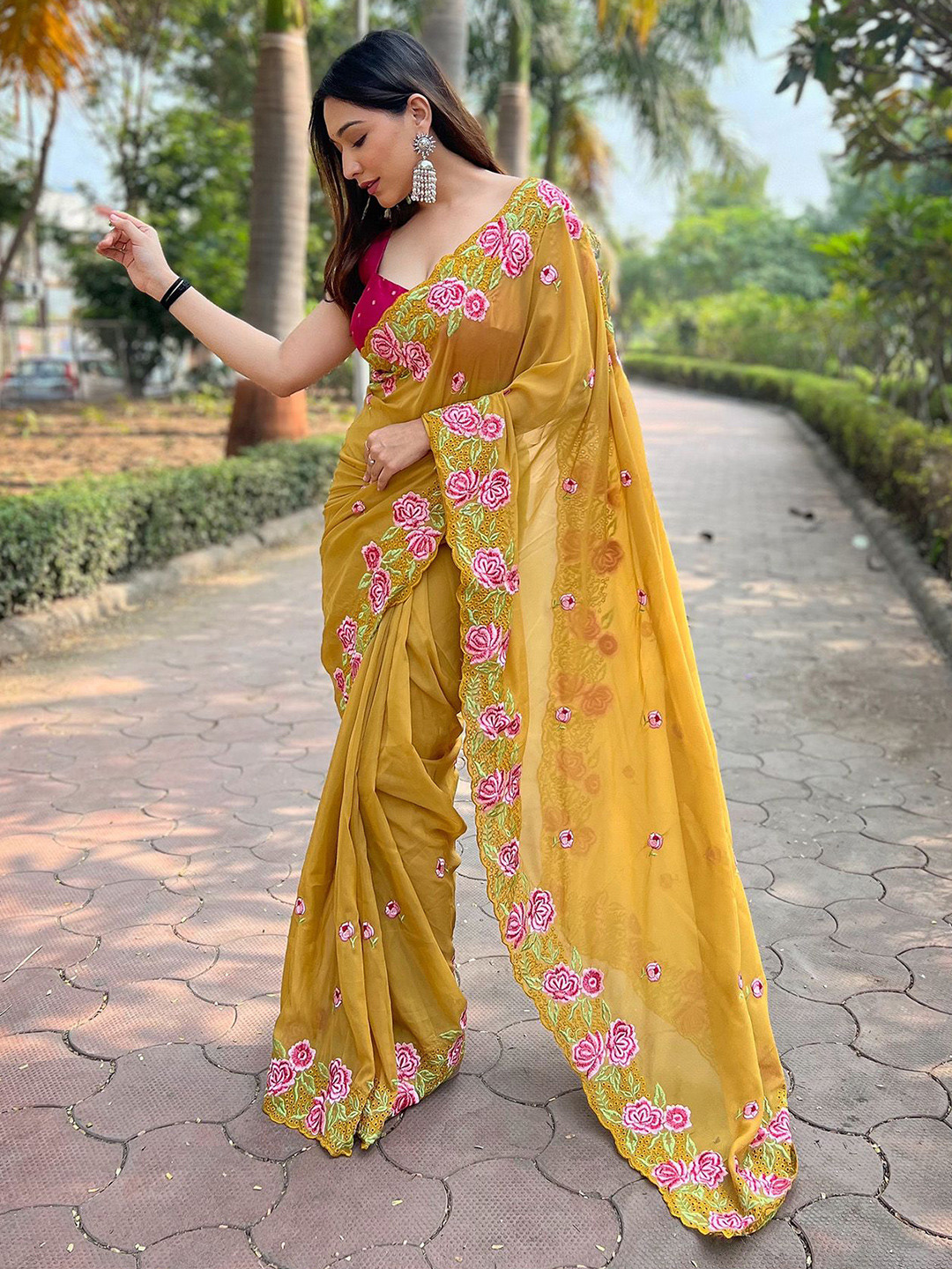 

elora Floral Embroidered Organza Saree, Mustard